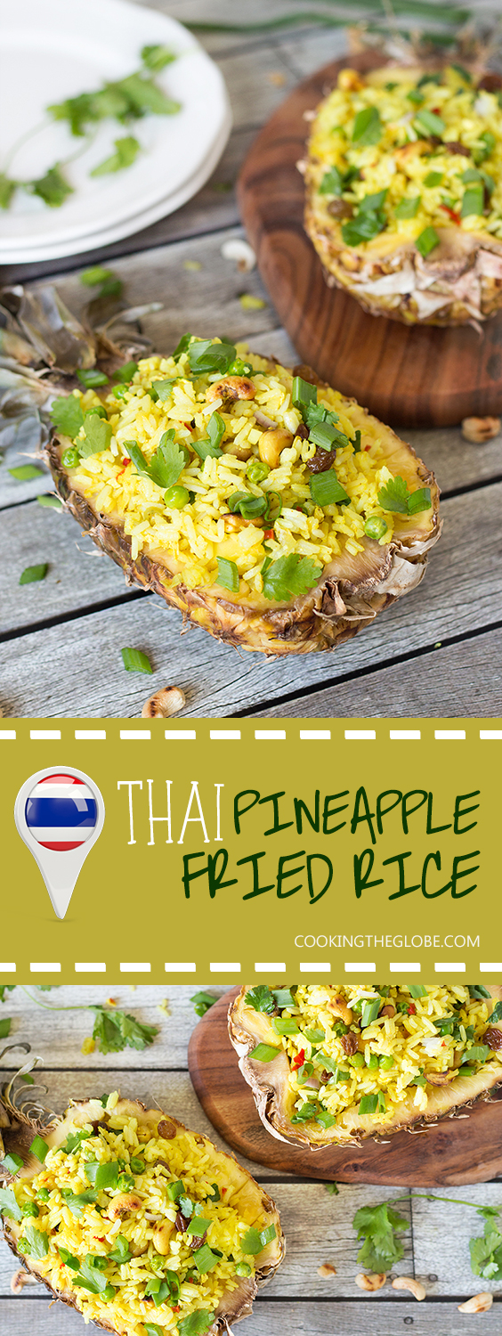 Esta firma de arroz frito con piña tailandesa es dulce y picante. Se sirve en cáscaras de piña! | cocinartheglobe.com