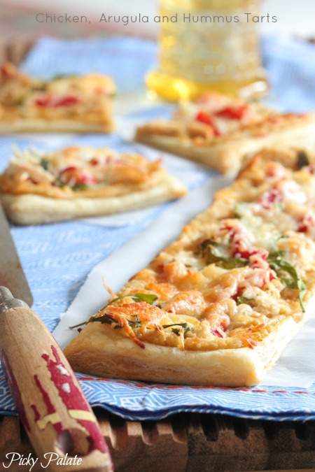 Cheesy Chicken Arugula Hummus Tarts by