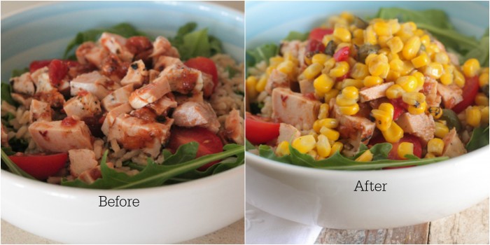 Cuencos de arroz integral de pollo y vegetales del suroeste