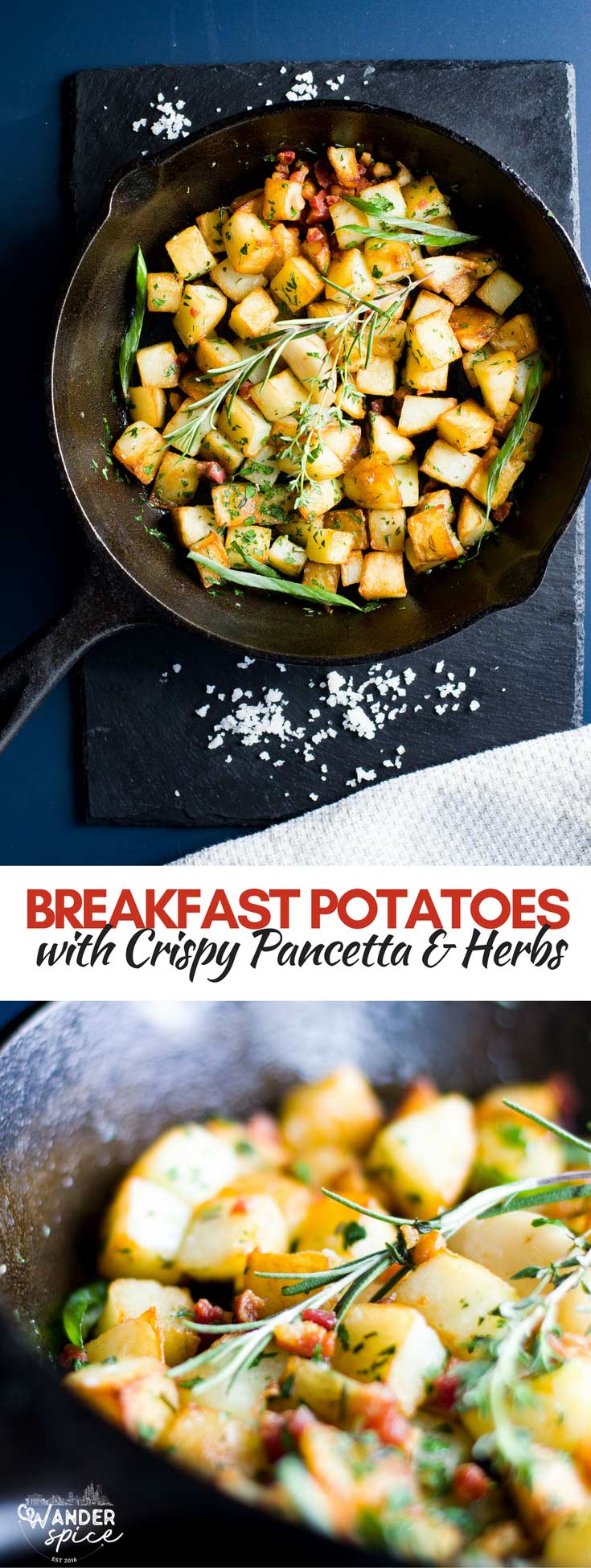Patatas del desayuno. Patatas crujientes con mantequilla frita en una sartén con hierbas y panceta. Fácil de cocinar en 15 minutos.