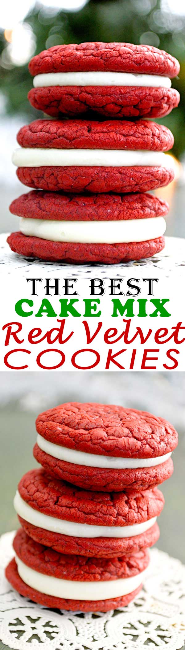 ¡Las MEJORES galletas de sándwich de terciopelo rojo con la parte superior arrugada y blanda rellena con glaseado de queso crema! Muy bonito para Navidad o el día de San Valentín! [Recipe tested with Duncan Hines]