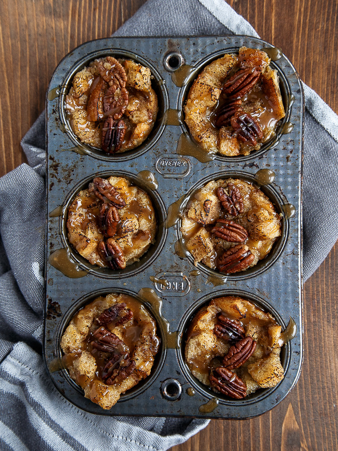 Mini bread puddings in muffin pans @dessertfortwo