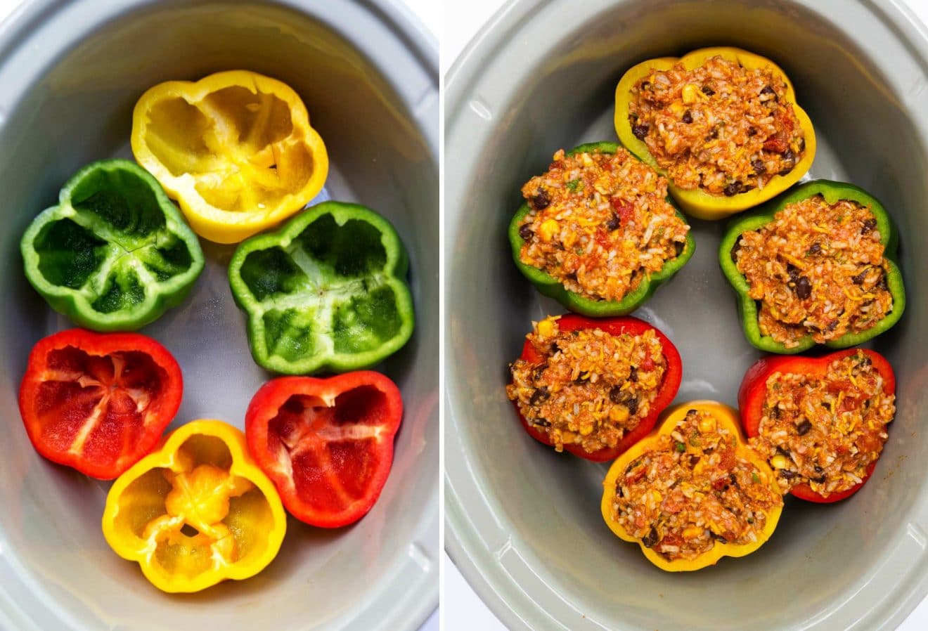 Estos pimientos rellenos de tex-mex de cocción lenta le dan un pequeño giro a la receta original de pimientos rellenos. ¡Se hacen en la olla de cocción lenta y se cubren con una increíble crema agria de cilantro para completar esta deliciosa y fácil comida!