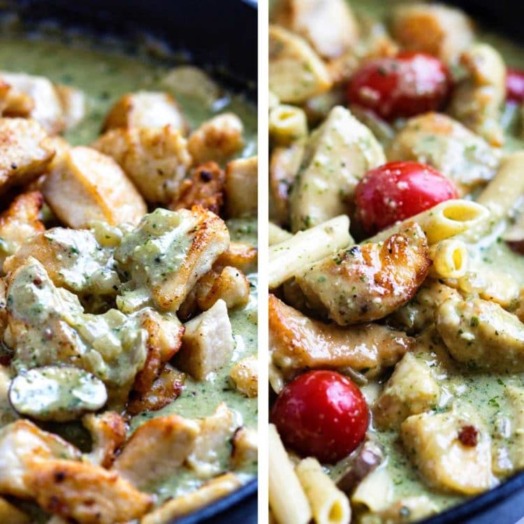  Pollo tierno y dorado, cubierto con una cremosa salsa de pesto con pasta y tomates. Una deliciosa comida de inspiración italiana que puede alimentar a una multitud. ¡Duplique fácilmente por más de 6, a la familia le encanta esta pasta de pollo al pesto! www.keviniscooking. com 