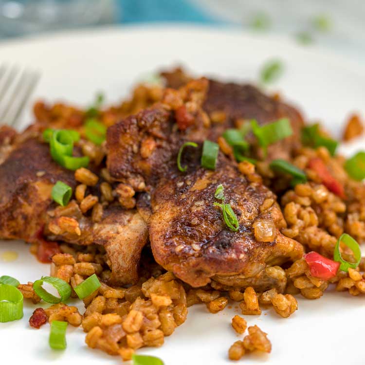 close up of plate of Smothered Chicken and Barley