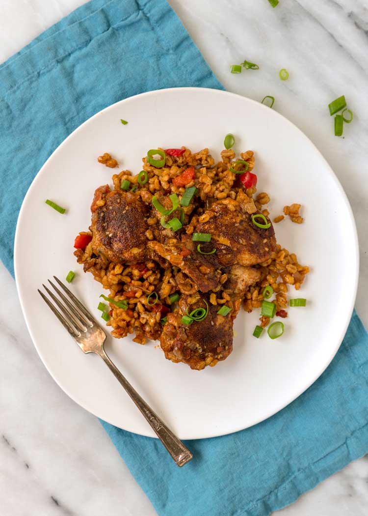 overhead shot of plate of Smothered Chicken and Barley