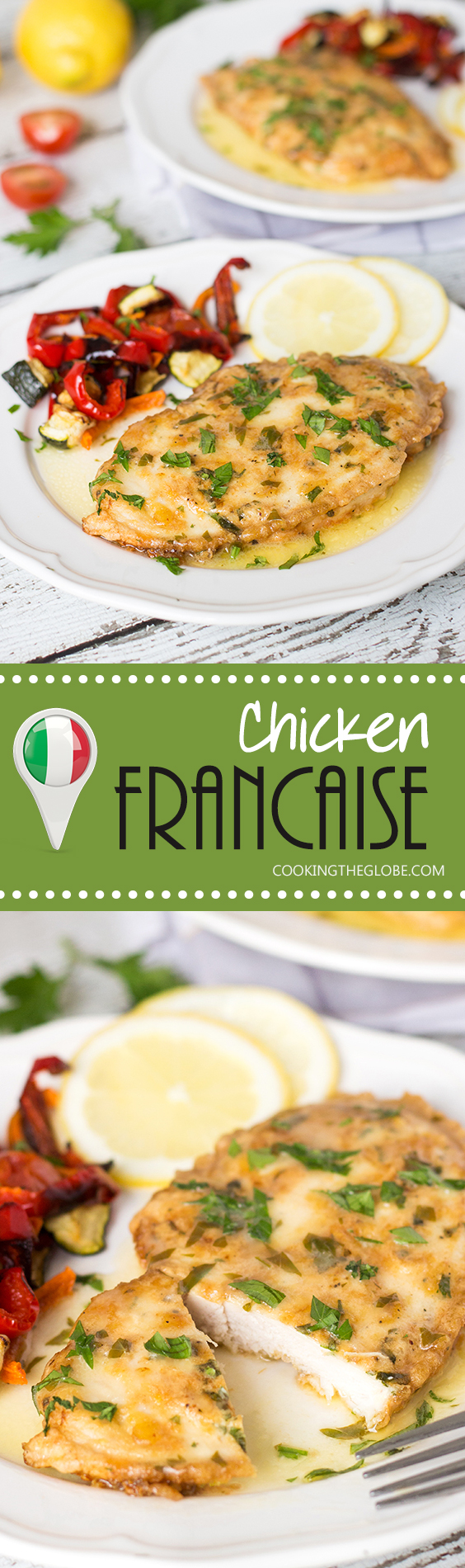 Chicken Francaise es un plato italiano-americano que consiste en chuletas de pollo cocidas con salsa de limón y vino. | cocinartheglobe.com