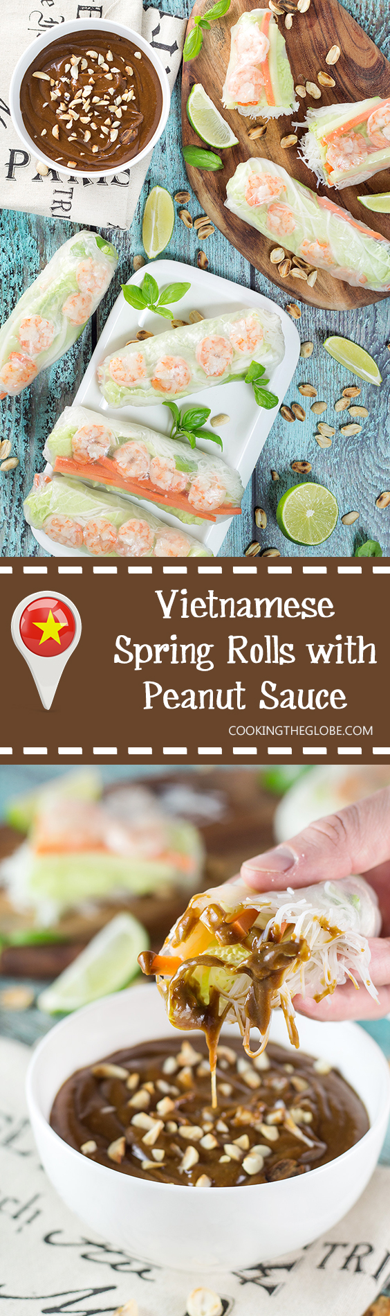 Estos rollitos de primavera vietnamitas frescos (Goi Cuon) se rellenan con carne de cerdo, camarones, verduras y se enrollan con papel de arroz. Servidos con una deliciosa salsa de maní, ¡son un aperitivo o un aperitivo perfecto! | cocinartheglobe.com
