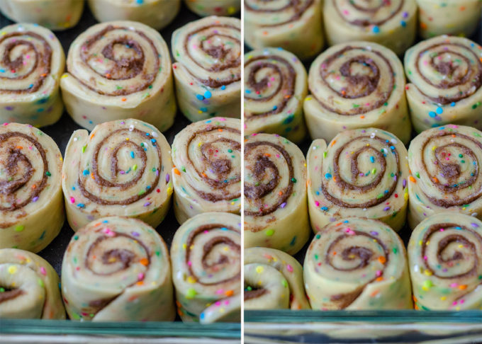 Rollos de canela Funfetti: rollos de levadura simples rellenos con canela dulce y pegajosa y salpicados con chispas. ¡Difunde con un glaseado de queso crema fácil para un desayuno o un placer indulgente!