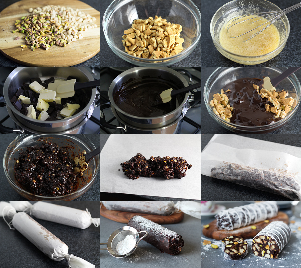 ¡Este postre de chocolate llamado Chocolate Salami viene directamente de Italia y está lleno de sabores de chocolate, pistachos, almendras y ron! | cocinartheglobe.com
