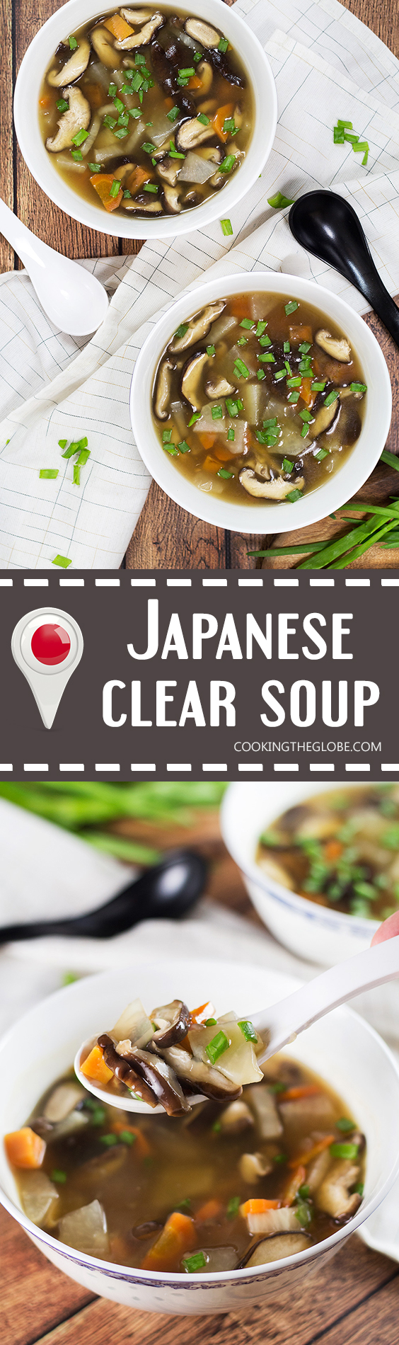 Esta sopa clara japonesa utiliza un sabroso dashi como base y también cuenta con hongos shiitake y un montón de verduras. Un aperitivo perfecto o un almuerzo ligero! | cocinartheglobe.com