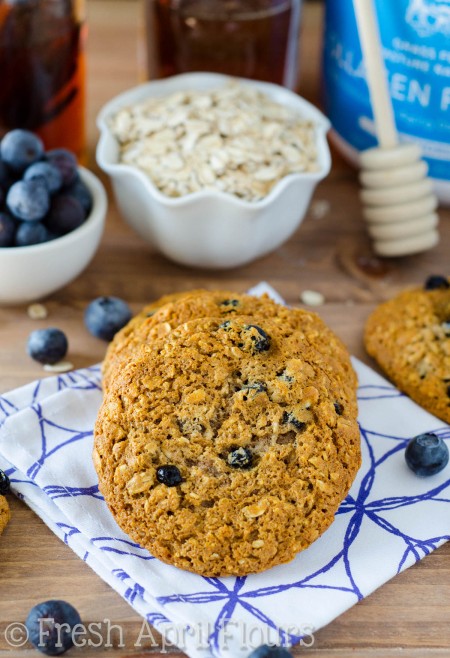 Galletas de proteína de avena con arándanos: Una galleta de harina de avena simple llena de arándanos brillantes, endulzados sin azúcar refinada y empacados con un impulso adicional de proteínas.