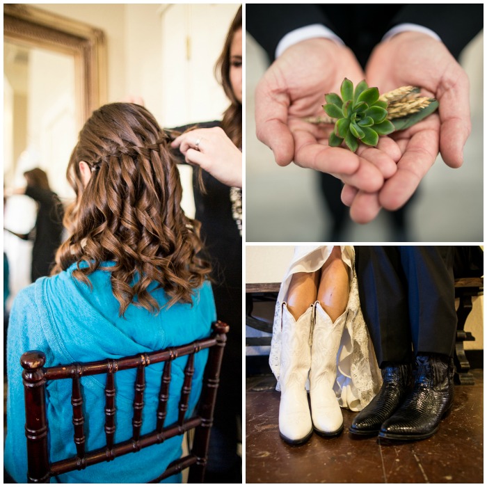 Preparándome: elegí una trenza en cascada para mi peinado. Estaba fuera de mi cara, pero aún así estaba abajo. Me encantó. Brian tomó una foto de su boutonniere antes de fijarla. Me encantan las suculentas + trigo. Ambos llevábamos Botas para el gran día 