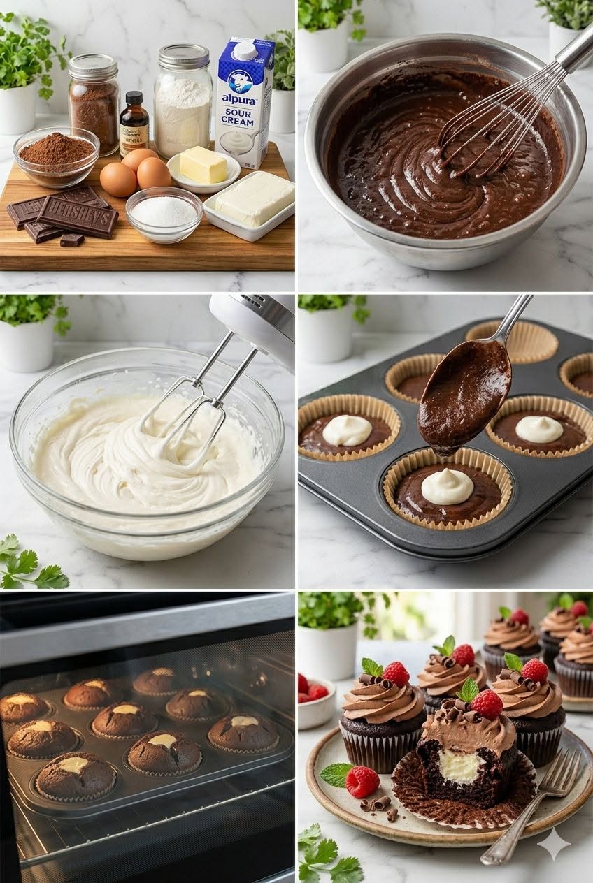 🧁 Cupcakes de Chocolate Rellenos de Cheesecake 🧀🍫