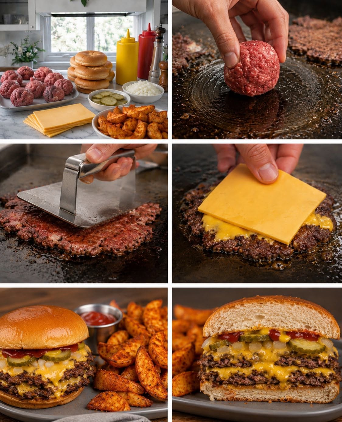 🍔🧀🔥 HAMBURGUESA SMASH CON DOBLE QUESO Y PAPAS GAJO ADOBADAS 