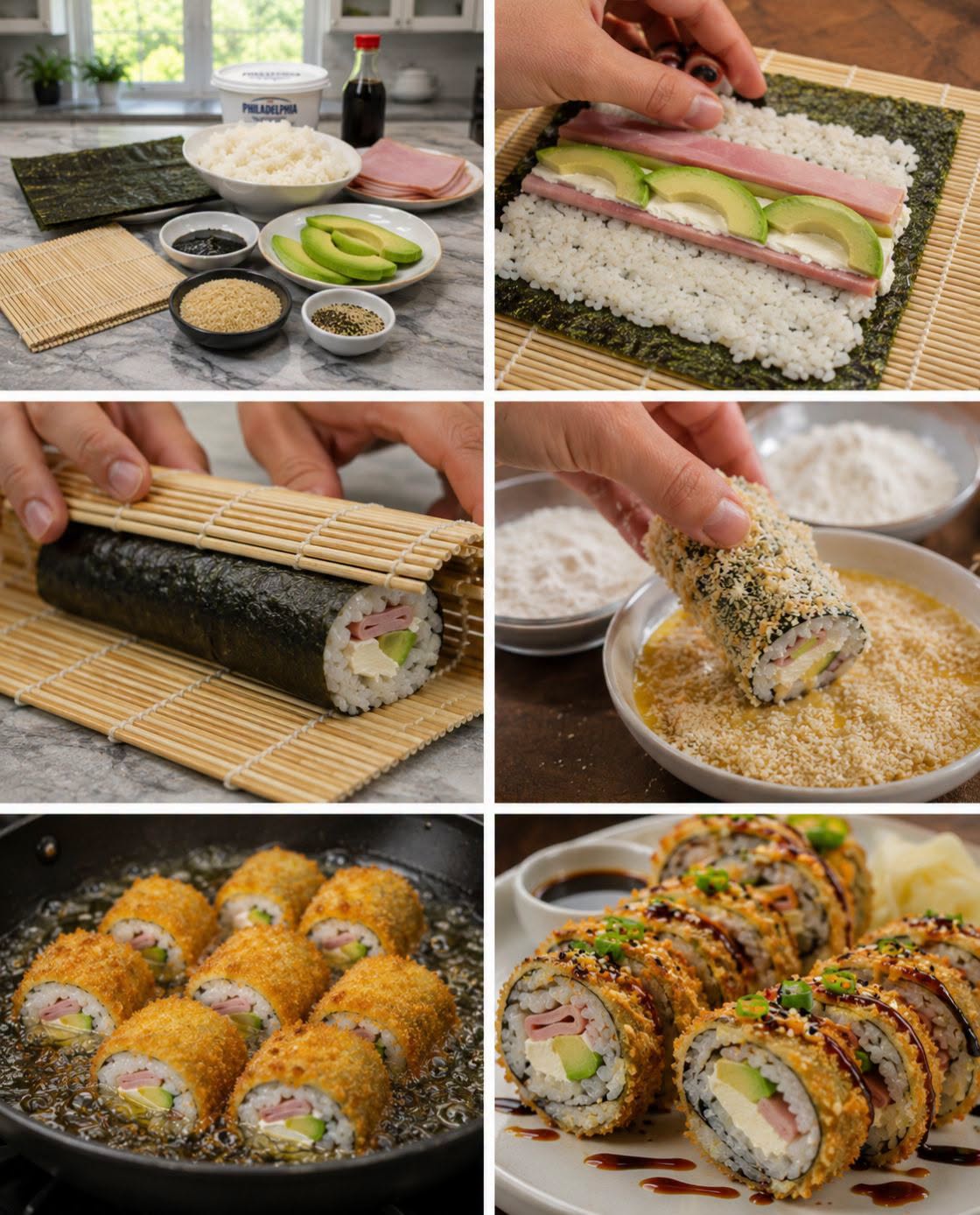 🍣🥒🧀 SUSHI EMPANIZADO DE JAMÓN, QUESO CREMA Y AGUACATE