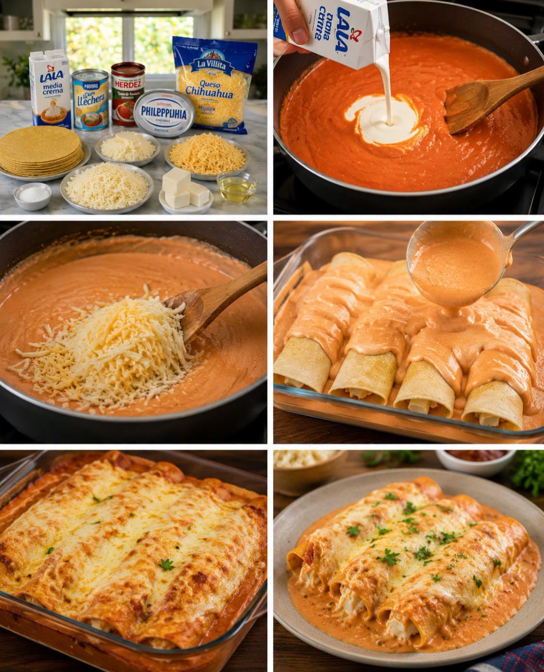 🍅🧀🌯 ENCHILADAS SUIZAS DE 3 QUESOS EN SALSA CREMOSA DE TOMATE