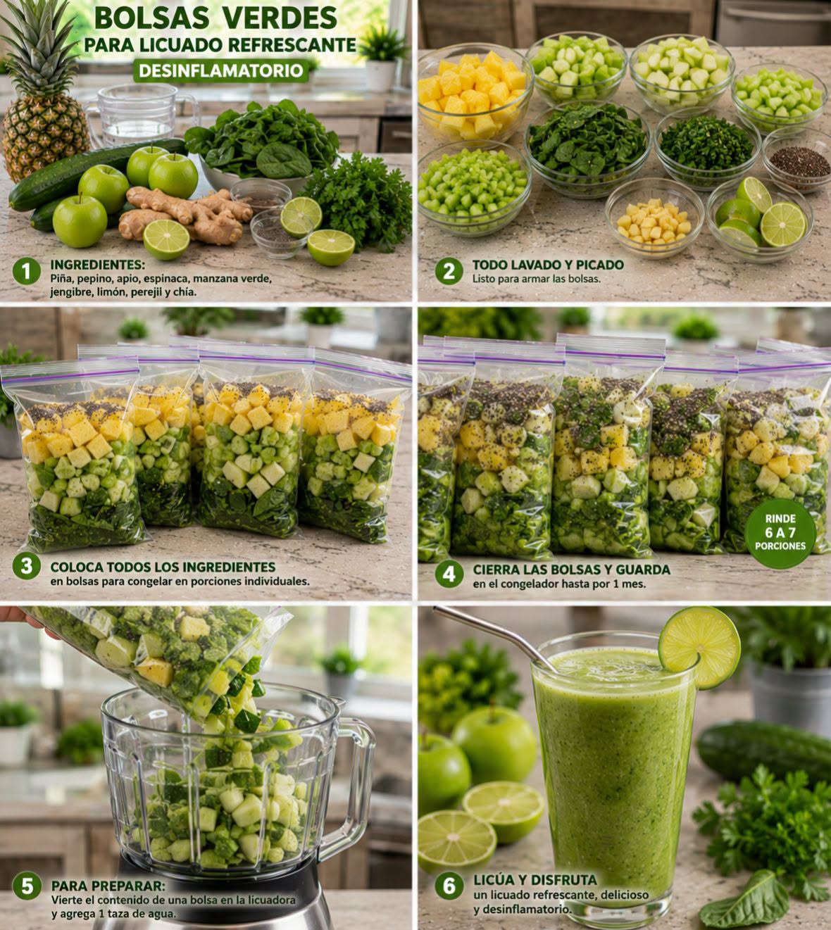 🥒🍍🍏 BOLSAS VERDES PARA LICUADO REFRESCANTE DESINFLAMATORIO 