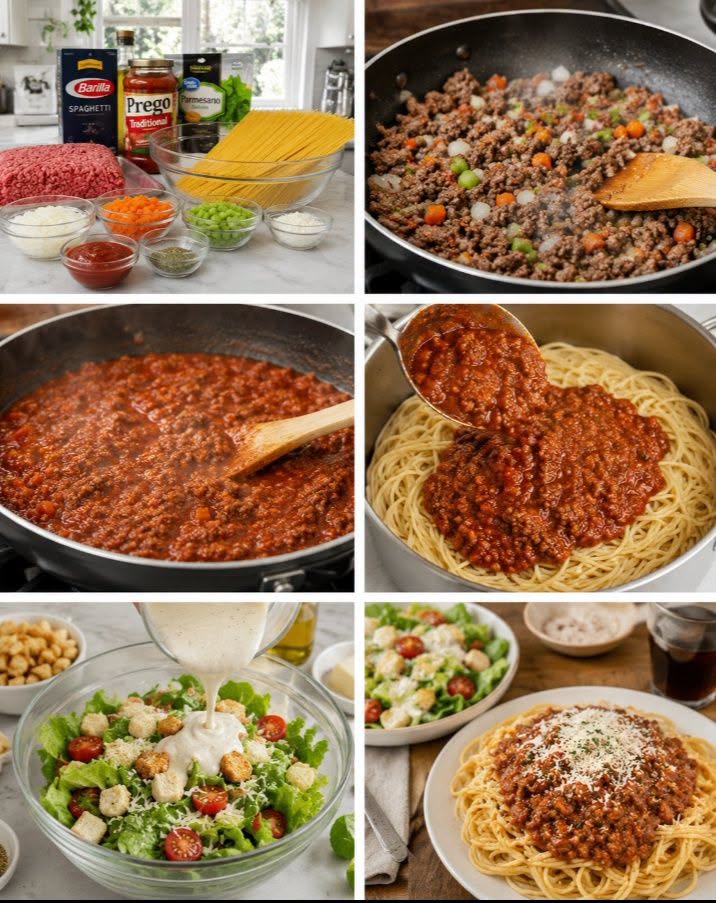 🍝🥗 SPAGHETTI A LA BOLOÑESA CON CARNE MOLIDA + ENSALADA CON ADEREZO ALFREDO