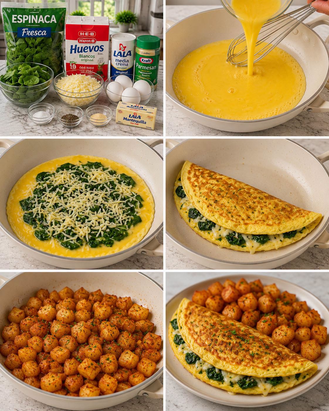 🥚🧀🌿 OMELETTE DE ESPINACAS Y QUESO CON PAPAS SAZONADAS