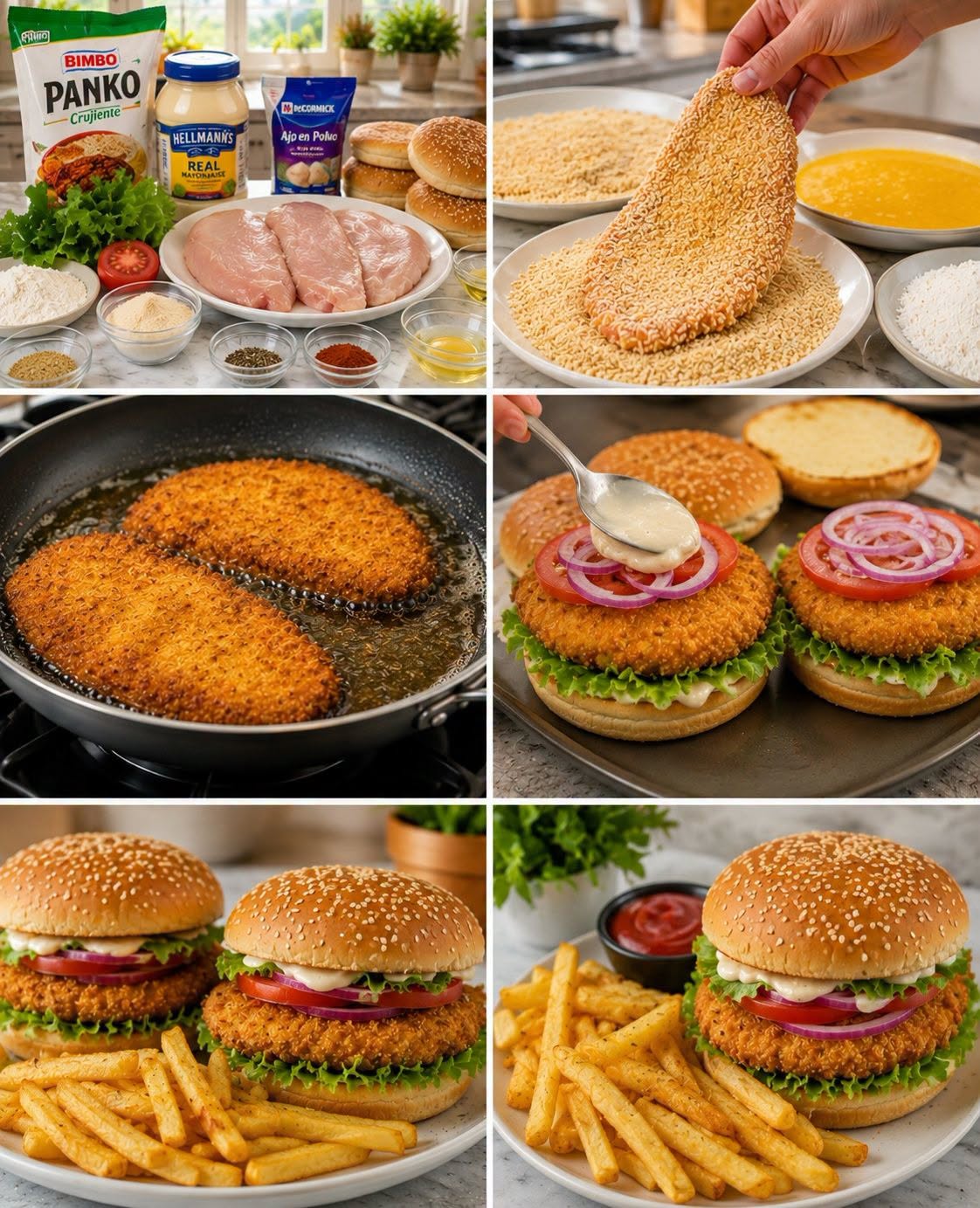 🍔 Hamburguesa de pollo empanizado con papas fritas