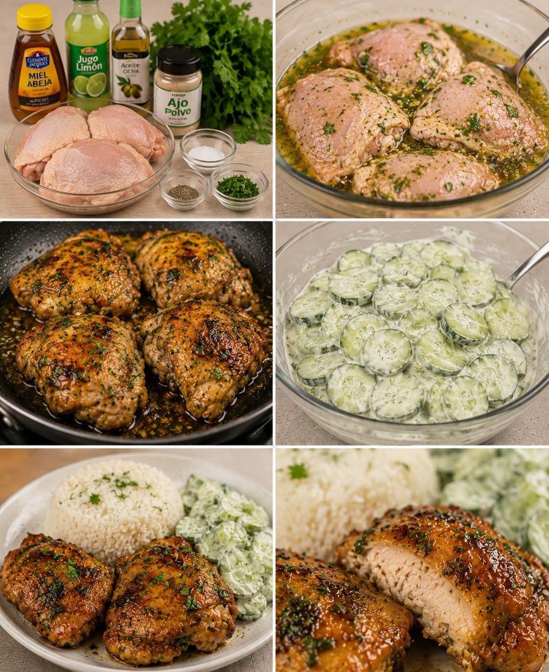 muslos de pollo con miel, cilantro y limón, acompañados de arroz blanco y ensalada cremosa de pepino
