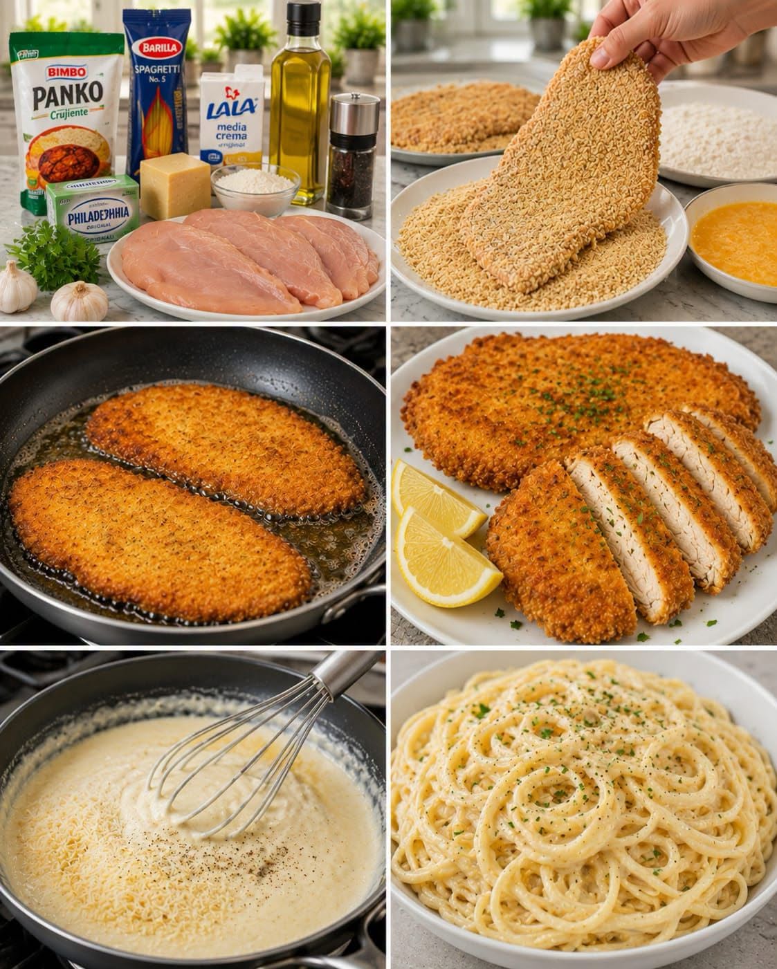 PECHUGA DE POLLO CRUJIENTE CON PASTA AL PARMESANO 