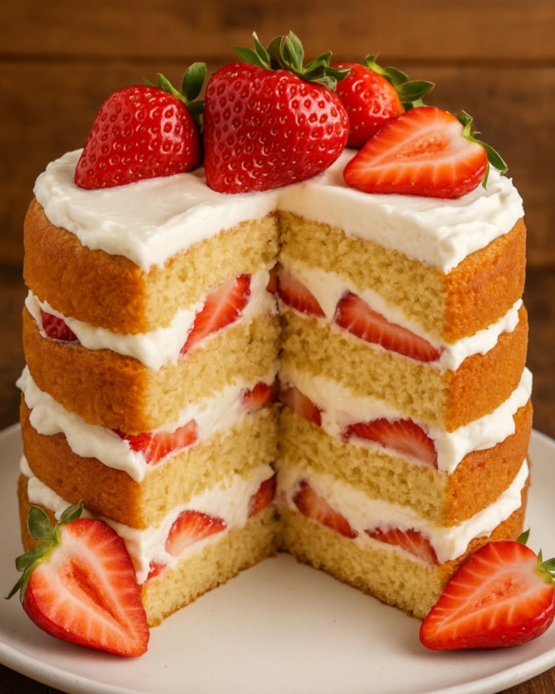 Te comparto mi receta  de PASTEL DE FRESAS CON CREMA  ❤(4 capas)