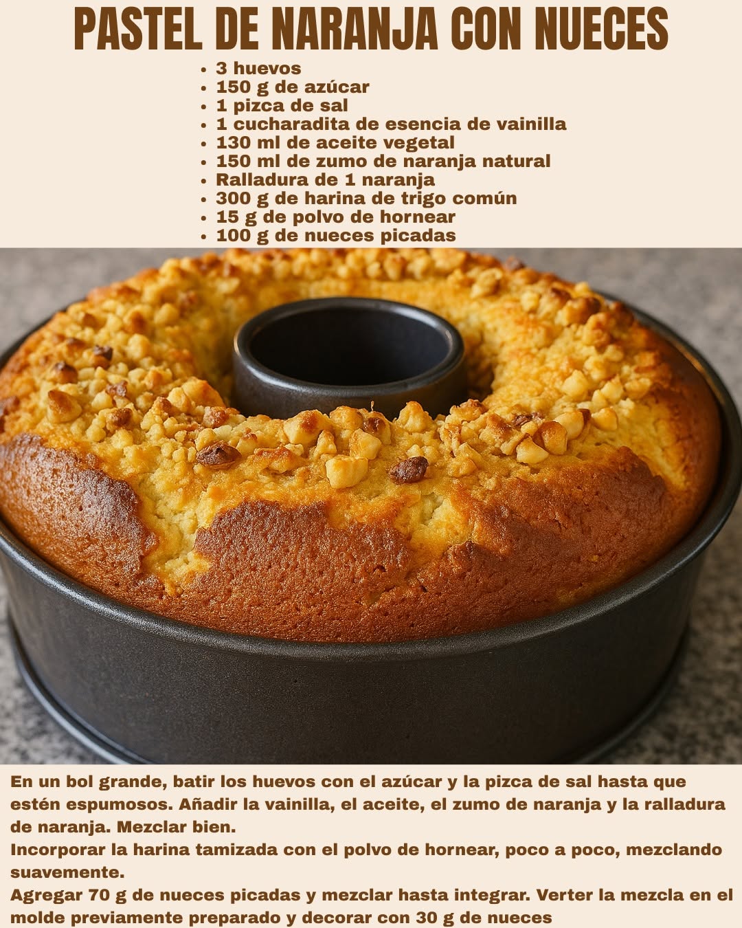 Receta casera Pastel de naranja con nueces