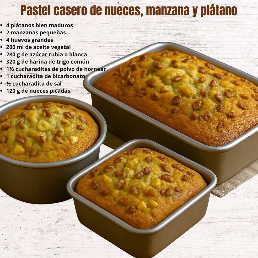 Pastel casero de nueces, manzana y plátano