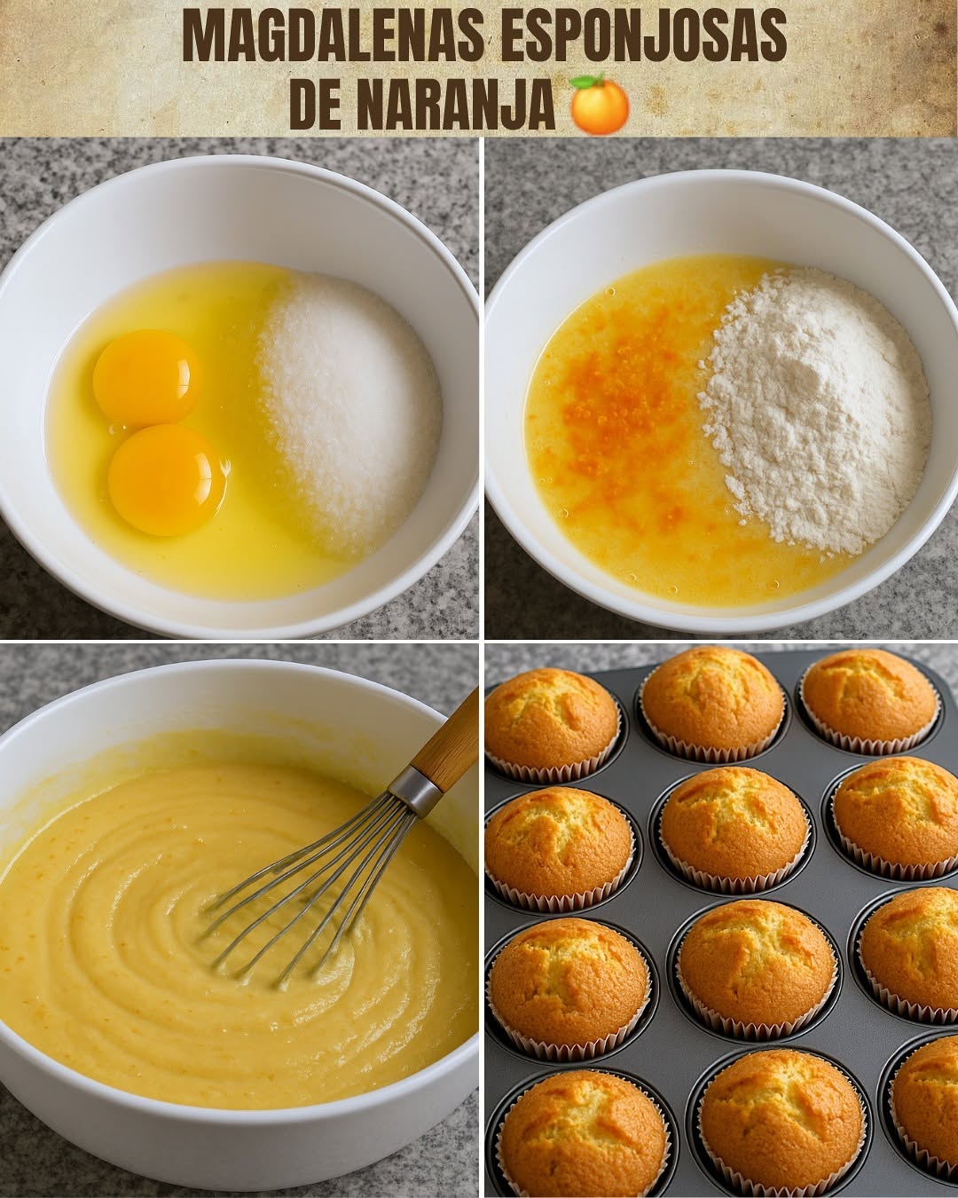 RECETA PASO A PASO MAGDALENAS ESPONJOSAS DE NARANJA