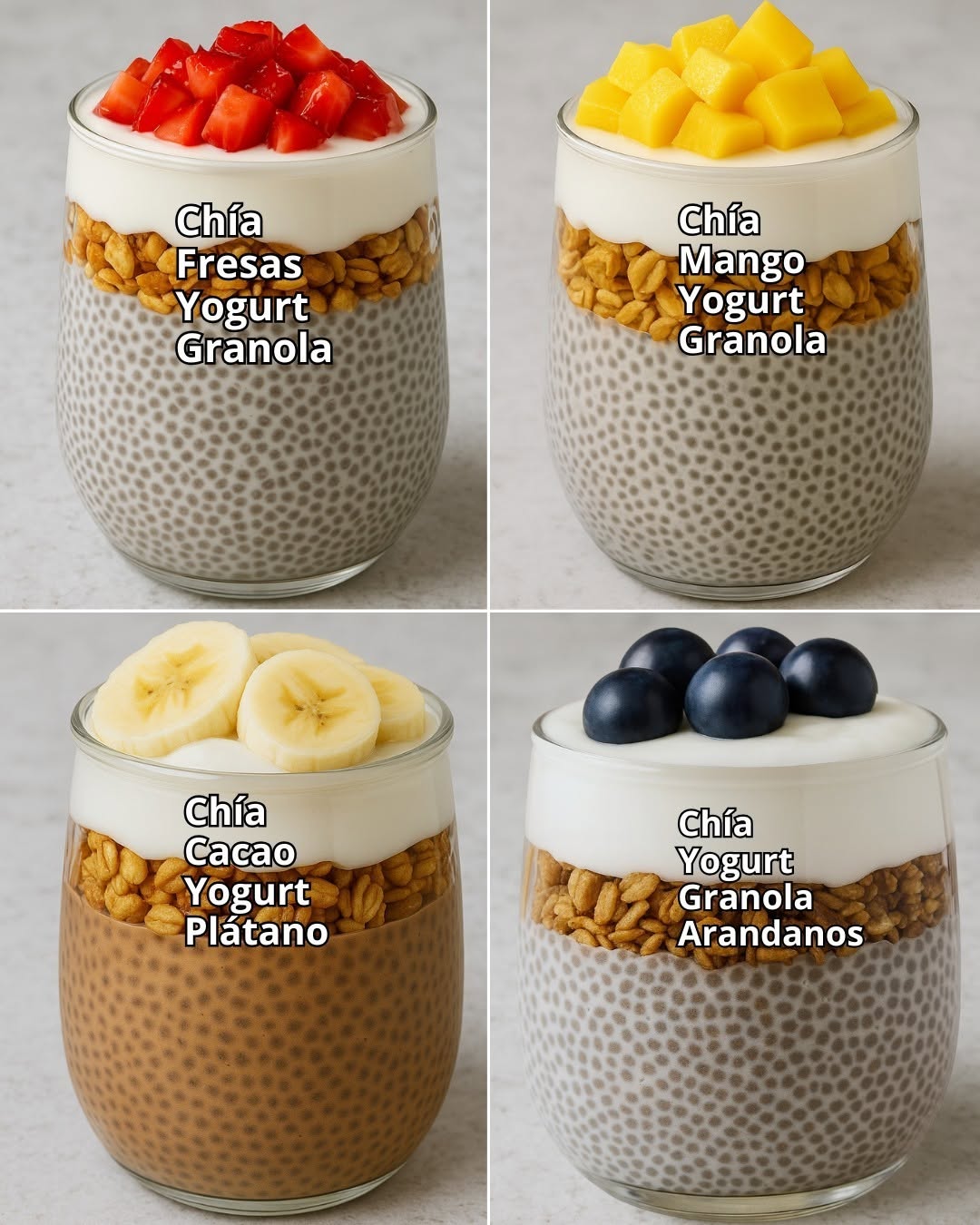 4 Ideas Saludables de Pudín de Chía🥭🫐🍓🍌