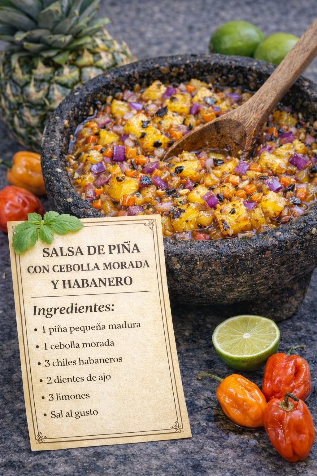 Salsa de piña asada con cebolla morada y habanero,