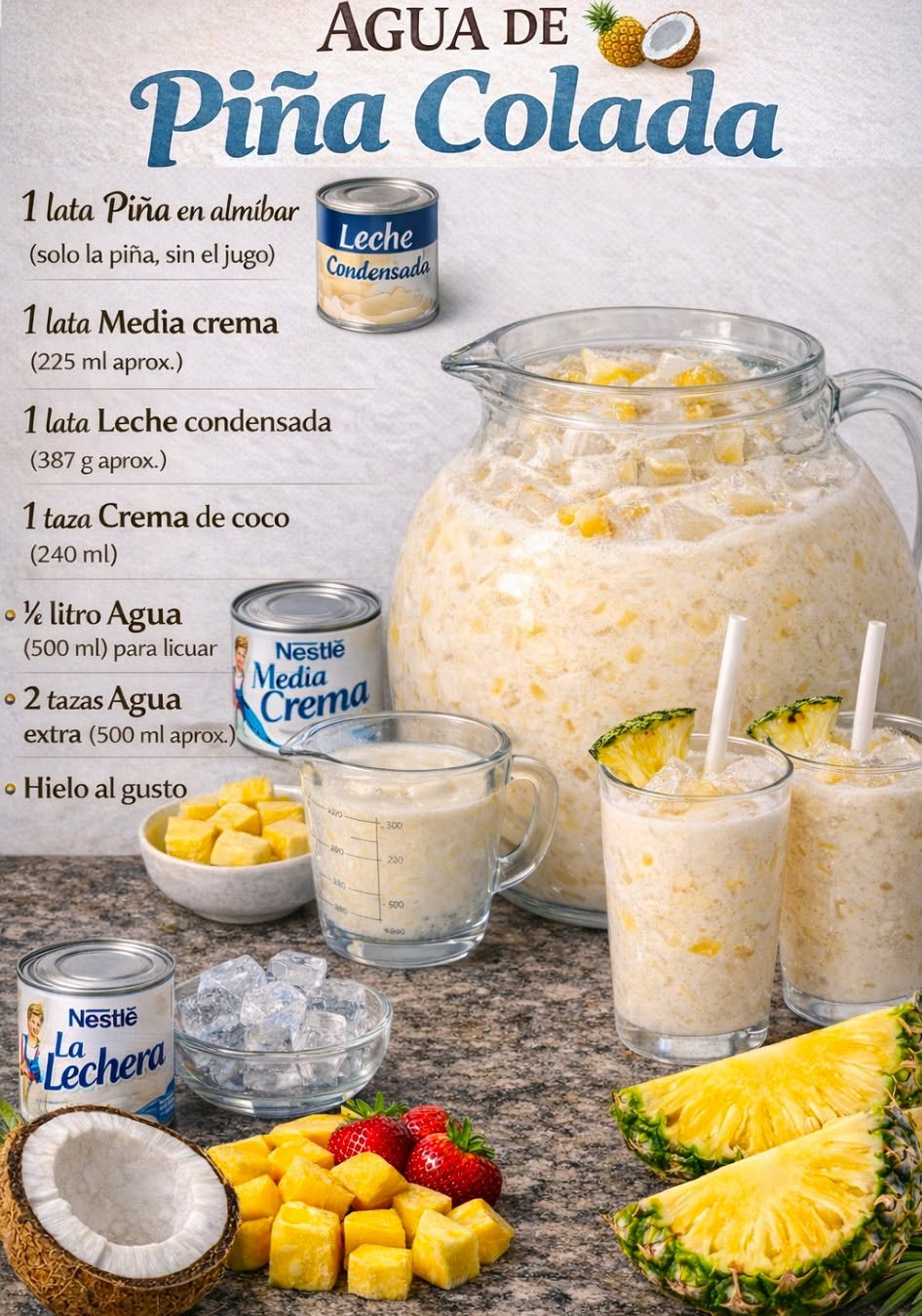 Asi hago Agua de Piña Colada Cremosa y Rendidora