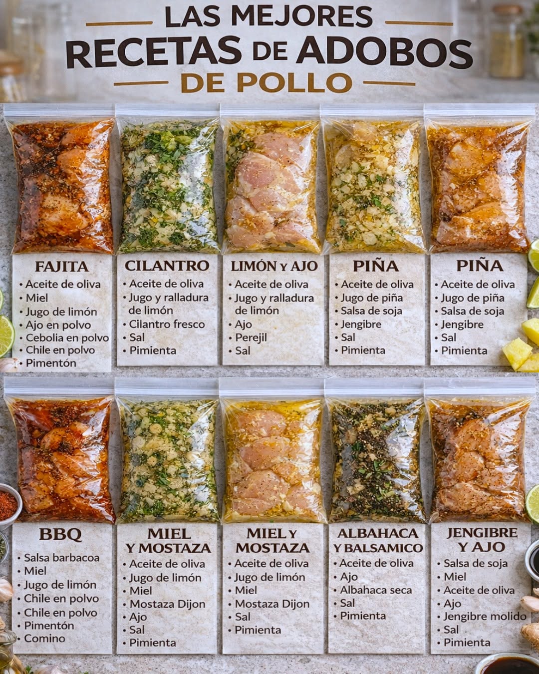 Te dejo 8 marinados  fáciles y irresistibles para pollo 🌿🧄🍗
