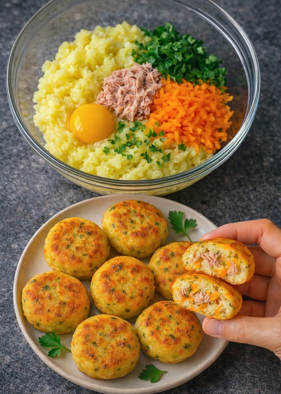 Tortitas  saludables de Papa, atún y verduras  ¡siempre quedan increíbles