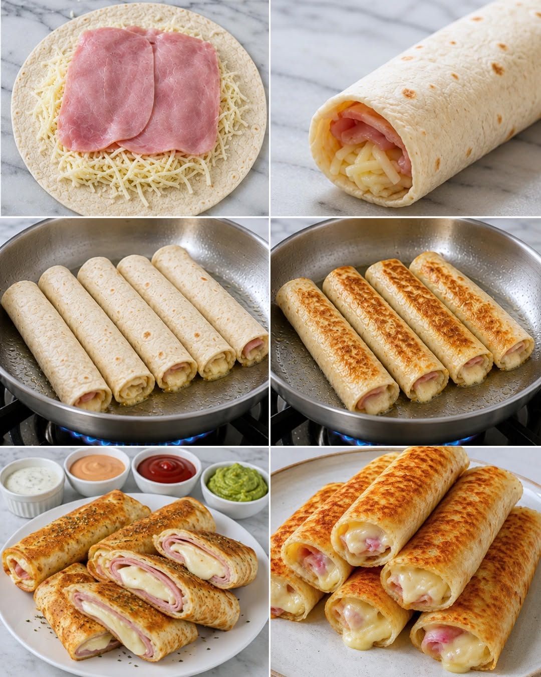 Receta fácil, práctico y delicioso Rollitos de Tortitas con jamón y queso