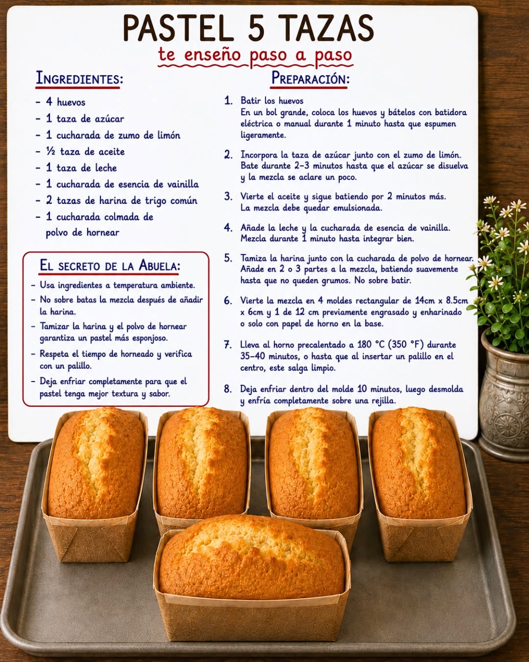 Receta paso a paso Pastel 5 Tazas