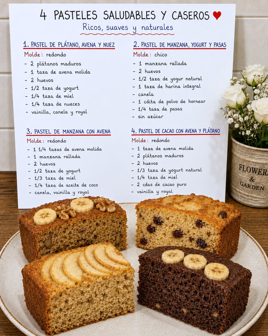 Recetas paso a paso de 4 tipos de Pasteles Saludables y Caseros