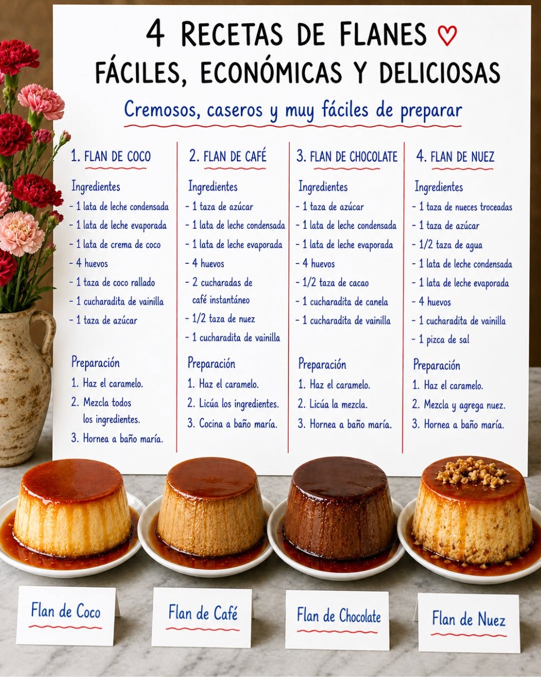 Receta paso a paso  de 4 flanes caseros muy fáciles de preparar