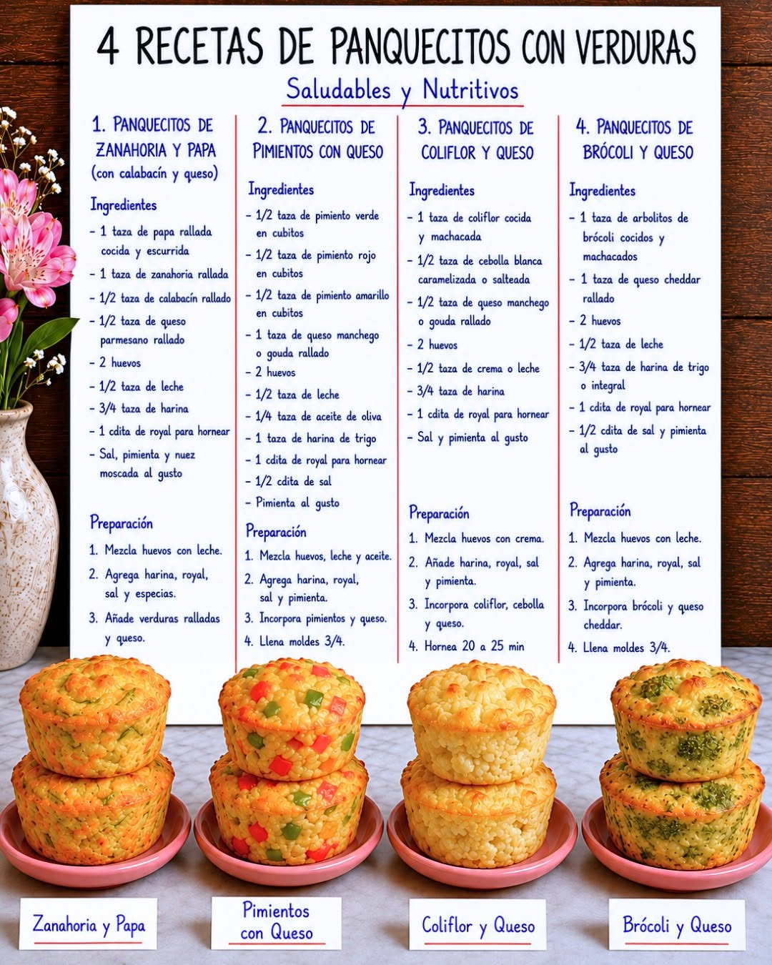 Paso a paso 4 Recetas de panquecitos con verduras Saludables y Nutritivos