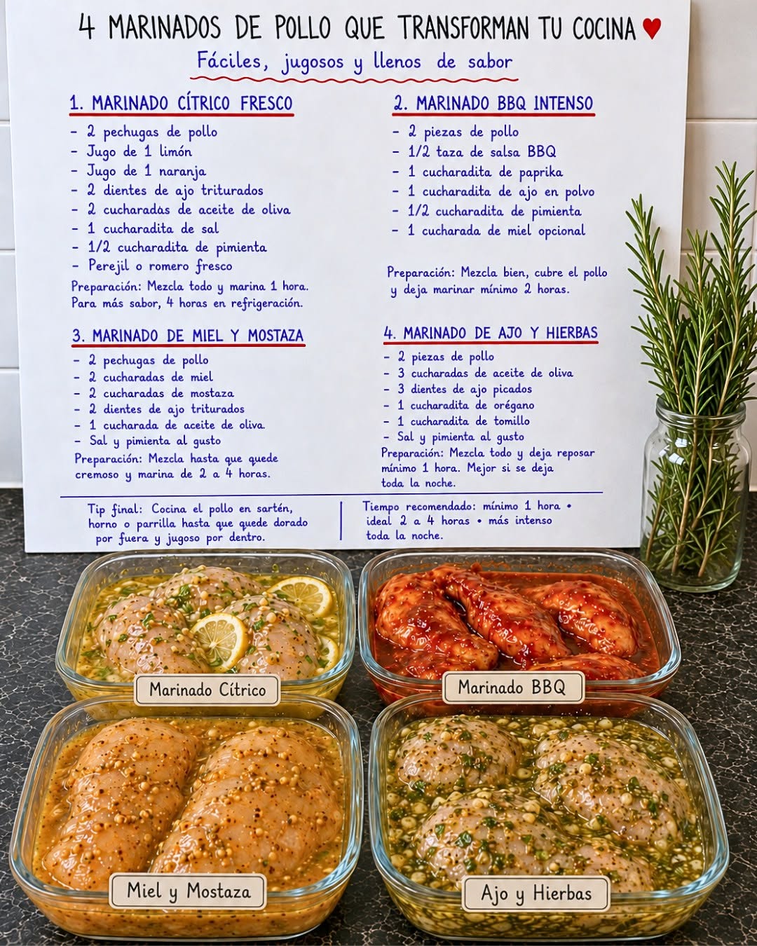 Paso a paso 4 marinados de pollo fáciles y llenos de sabor 🍗🌿