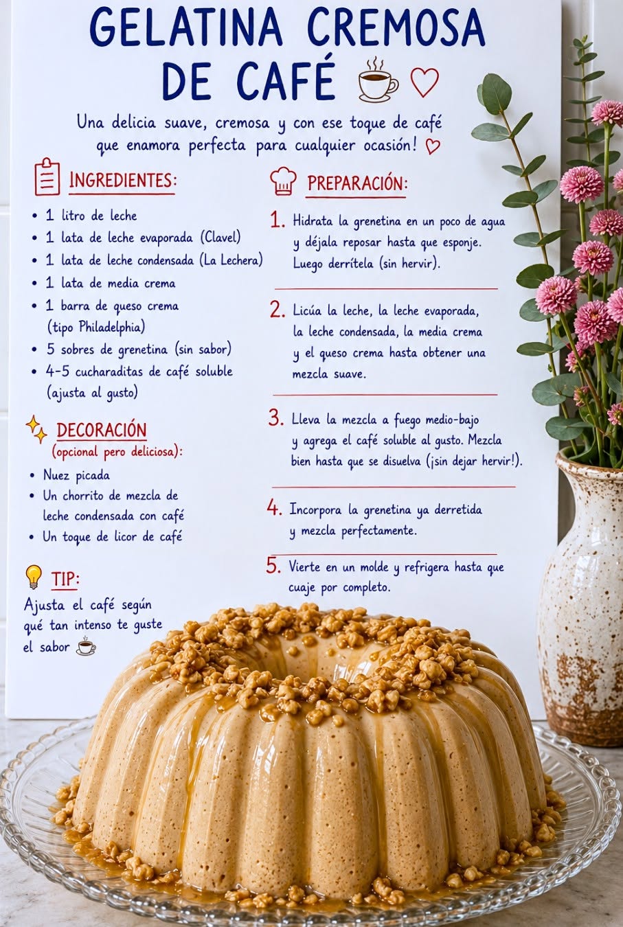 Te dejo la receta paso a paso de gelatina cremosa de café ☕